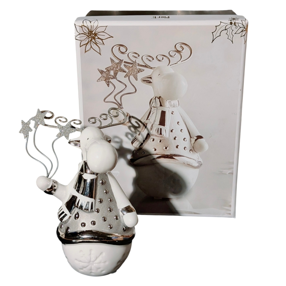 PIER 1 IMPORTS Ceramic Moose Figurine Minimalist Silver White Decor w/Box 4.5"